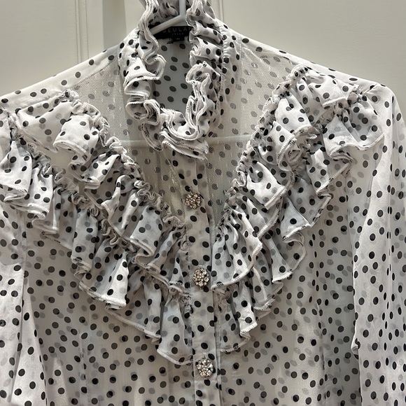 Sheer Polka dot ruffled blouse with jeweled buttons - Picture 3 of 6